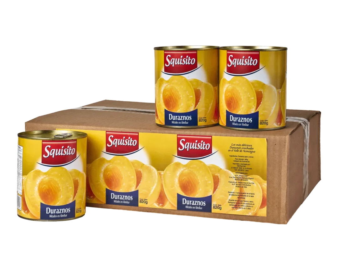 Duraznos en almíbar, caja